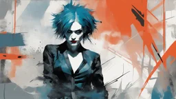 aesthetic, painterly style, modern ink, joker, blue, blue hair, sensual, sultry, dark blouse, expressive pose, urbanpunk, abstract texture multilayer background, neo-expressionist , Russ Mills, Ian Miller