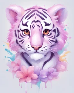 A detailed illustration of a print of a cute colorful baby tiger, fantasy flower splashes, modern t-shirt design, Studio Ghibli style, light white, violet and pink pastel tetradic colors, 3D vector art, cute and quirky, art fantasy, watercolor effect, bokeh, Adobe Illustrator, hand drawn, digital painting, low-poly, soft lighting, aerial view, retro aesthetic, character focused, 4K resolution, photorealistic rendering, using Cinema 4D