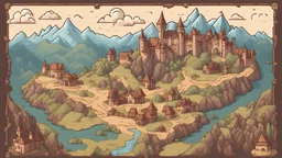 Бумажная карта в средневековом стиле с нарисованными горами равнинами и замков 2d pixelart