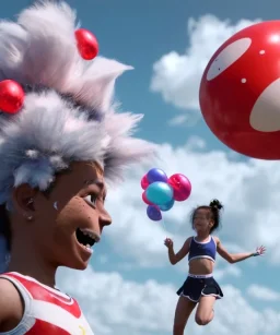 Ultra realistic speed clouds sky scene, wide angle view, cheerleader teenager falling down with many Children background, inflatable monsters, circus dress style, feather color, free jumping flying, many trinkets, hair monster, many jelly beans, balls, color smoke, smile, happy, extreme, wind, clouds sea, 20,000 feet altitude, stratosphere, soft color, highly detailed, unreal engine 5, ray tracing, RTX, lumen lighting, ultra detail, volumetric lighting, 3d, finely drawn, high definition.