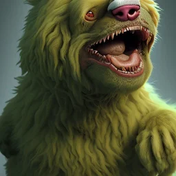 Dog, monster, green, horror, teeth, gore, blood, masterpiece, expert, 8K, hyperrealism, sharp focus, cinematic lighting