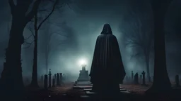 A mysterious creepy giant figure in a black robe rises through the fog over a dark, ominous cemetery at night. Cinematic style.