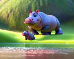 baby hippo, dwarf hippopotamus, natural environment, photojournalism, hyper detailed, hyper realism, pixar character, sweet and gentle, friendly,