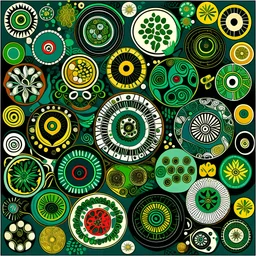 generate one image with 20 concentric circles, with a bright metallic look. populate with devotional images from asia. decorate with green leaves and vines