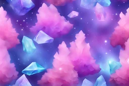 Magnificent magical and fairy crystals on pink and purple Northern Lights background