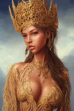 Portrait of a ornate and intricately detailed beautiful female tan skinned goddess queen :: open robes :: perfect proportions :: flawless eyes :: by Artgerm :: hyperrealistic, hyper detailed, photorealistic :: a masterpiece, incredible composition, amazing depth, imposing, meticulously composed, 16k resolution concept art