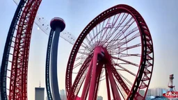 A Tesla's 'Model S Plaid' is racing at top speed, across 'Lotte World', in Seoul (South Korea). CINEMATIC. WIDE ANGLE LENS.