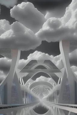 an idea is created of a bridge which has white clouds, in the style of futuristic digital art, grid formations, hall of mirrors, black and gray, photorealistic fantasies, multilayered dimensions, frontal perspective