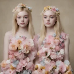 Elle fanning and dakota fanning , as flowers, in paper