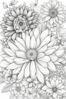 relaxing adult coloring pages, big flowers, black and white, no grey scale, clear lines -- ar 9:11