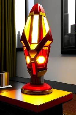 gaming table lamp inspired by avengers stark tower buliding architecture futuristic-modern stlye. geometric form, red and yellow color scheme