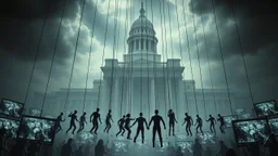 a corrupt government looms above, pulling the strings of hundreds of marionettes dangling below it, the news media broadcasts the marionettes' suffering on screens everywhere, dystopian, horror