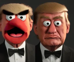 Angry muppet trump, round nose, in suit, eyebrows, spray tan mad