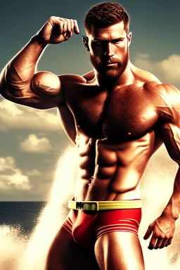 Ignore NSFW, teenager young rugged attractive slightly muscular fantastic handsome man, red briefs with yellow belt, hairy chest, (((visibly pisssing))) briefs, large erect visible boner peniss, photorealistic, artist Jay Anacleto, soft lighting, scruffy beard