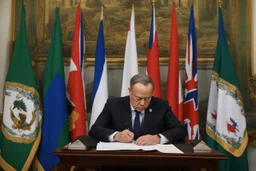 over the shoulder photo; politician signing a treaty; looking down; facing away, somber mood; in the background three banners, green banner, white banner, blue banner;