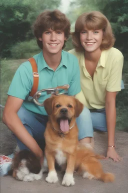 full color image, 1980's yearbook photo, teenager, Shaggy and Daphney and Scooby Doo the dog, 14 years old, photorealistic, --ar 9:16 --style raw