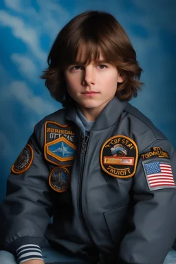 10-year-old Tom Cruise is posing for his school picture wearing a flight jacket adorned with flying patches - Sparkling, Sky blue Background, professional quality studio 8x10 UHD Digital photograph by Scott Kendall - multicolored spotlight, Photorealistic, realistic stock photo, Professional quality Photograph. colored Fog