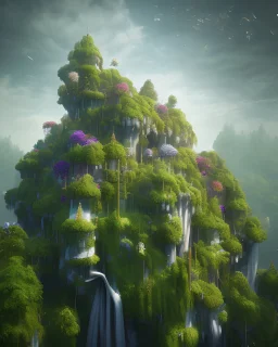 Surreal modern house, lots of greenery and flowers, 8k render. plant walls. floating island.