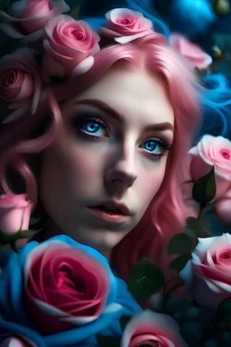 rose hair, blue eyes, roses, fairy, cosmic