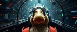 crash pilot ,weird experiment gone wrong perspective close up portrait of dj platypus duck pilot looking down on cam, with background in the style of escher and giger, a chill contrapunctus fugue in the style of fsol, beethoven, goa trance breaks, dancefloor drum and bass,