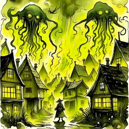 diffused watercolor that looks faded and aged, in distance a barely visible hint of a silhouette of a flying Lovecraftian three headed colossus shrouded in mist whose rough shady profile outline is briefly lit by a flash of lightning, paranoiac, strange thatched-house village in foreground with crude wooden fences, downpouring rain, people huddled under umbrellas, subtle, quiet horror, blue and green color scheme, dark grey negative space