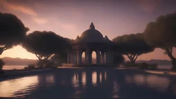 An ultra realistic hyper detailed crisp photo a water temple at dusk, 3d with depth of field, shadows and light, octane rendered, ambient lighting