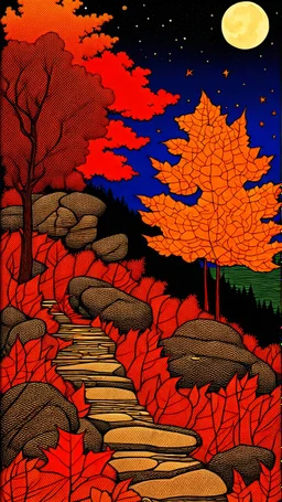 Autumn colors, peaceful, Egon Schiele, Max Ernst, night sky filled with galaxies and stars, rocks, trees, flowers, one-line drawing, sharp focus, 8k, deep 3d field, intricate, ornate, one million strokes. strong colors