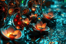 Macro photography of a sci-fi ecosystem. Close-up of metallic recursive architectural elements merging with organic bioluminescent plant life. The water in the nearby stream shows impossible fractal ripples and metallic sheen. Intricate procedural patterns, high-tech nature, hard-surface modeling aesthetics mixed with soft organic curves, subsurface scattering on petals, high-gloss metallic reflections, 4k, Octane Render style.