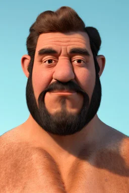 4K Ultra-HD, Hyper realistic, in the style of Caravaggio - Fred Flintstone, handsome, fair skin, tan beard stubbles, black hair, thick black eyebrows and a large nose. broad shoulders and massive arms, He wears a raggedy, deep sky blue or an aqua teal-green necktie, and a short-sleeved orange and black-spotted loincloth with a torn hemline. -- cinema lighting,