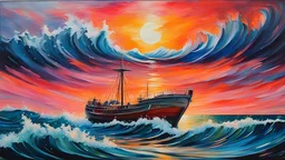 underwater in a glass, ruins, sea life, high detail, high quality, the scream style, A PEACH FUZZ painting of an amazing landscape picture in gouache, fast minimalistic brushstrokes, an amazing PEACH FUZZ sunset shimmering in bright colors PEACH FUZZ, a stormy sea and a small ship on top of it. Texture of the canvas oil paints