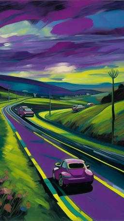 A blackish violet highway with fast cars painted by Paul Gauguin