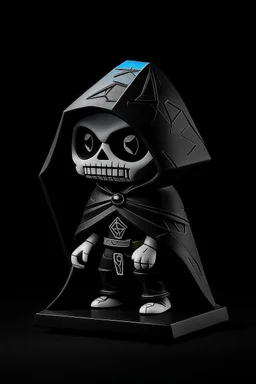 funko skeleton in a black hooded cloak drawn in a retro mascot style, inside a light diamond shape on a black background, monochromatic