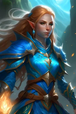elf cleric woman with blue armor using magic