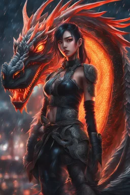 Yakoza girl with Japanese neon dragon tattoo in 8k anime realistic drawing style, close picture, rain, intricate details, highly detailed, high details, detailed portrait, masterpiece,ultra detailed, ultra quality