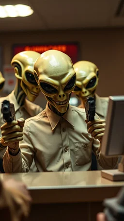Aliens with masks rubbing bank holding guns and teller put his hands up