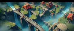 winding bridges in isometric game with waterfall and mill labyrinth landscape with houses and fog of war, monks looking up at camera, rhino monster man blocking bridge