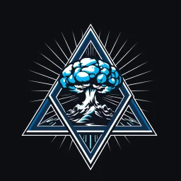 a blue nuclear explosion mushroom cloud inside an equilateral triangle, radiant lines, vector logo