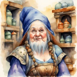 fantasy, watercolour, illustration, portrait, dwarf woman, sturdy, shopkeeper