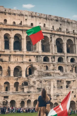 Imparare l'italiano. Gli studenti imparano la lingua, mentre dietro sullo sfondo l'alfabeto italiano. Il Colosseo e la bandiera italiana.