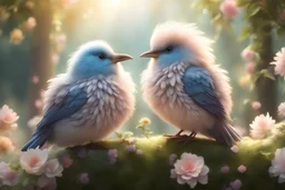 Very fluffy bird couple love, flora, in sparkling sunshine Weight:1 detailed matte painting Weight:0.9