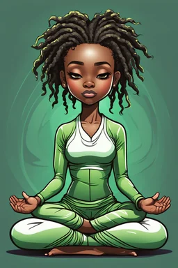 Create a shiny vector art painting for a chibi cartoon black female wearing a light green yoga suit sitting on the floor Indian style. She is meditating with her eyes closed. Prominent make up . Highly detailed dreadlocks
