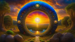 Portal To The Sun || surreal landscape in the styles of John Stephens and David A. Hardy and Pablo Amaringo, expansive, mixed media, sharp focus, highest resolution