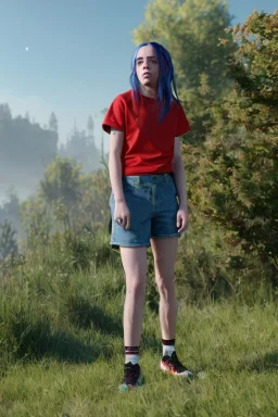 Billie Eilish, in shorts, photorealistic, 8k