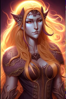 Female eladrin druid that has fire abilities. Long hair that has fire texture. Has a big scar on face after a animal attack.