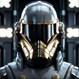 star wars bald male corellian pilot wearing pearlescent black and gunmetal grey First Order special forces heavy assault armor and helmet with gold trim inside the jedi temple, centered portrait, hyperdetailed, dynamic lighting, hyperdetailed background, 8k resolution, volumetric lighting, light skin, fully symmetric details