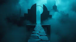 A surreal, dark and cold abstract artwork dominated by deep blue, icy cyan, charcoal black and muted steel-grey tones. An thin narrow passageway emerges from an abstract distorted weird landscape, surrounded by thick atmospheric fog and drifting mist. The space feels dreamlike, alien and unsettling, with fragmented floating circle geometric forms, black onix architectural fragments and unnatural perspectives. At the center of the composition cracked stone way over abyss, passage over nothingness