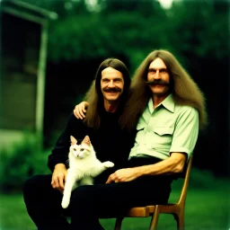 Awkward portrait Photo, old and young sitting on chair, weird smiling, long 1970 hair and mustasch, polaroid camera, holding a cat