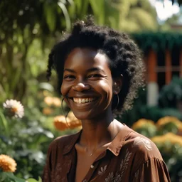 A picture of a beautiful black woman in 2023, smiling, in a sunny garden, aged 35, with color