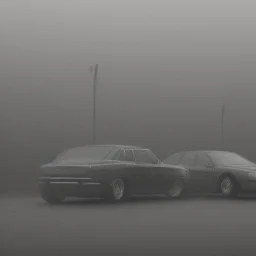 An empty carpark on a misty day. Telegraph poles and wires. Muted tones. Tilted horizon. With blotches, blurry areas and lens noise and grain. Hyper realistic Photo 4k