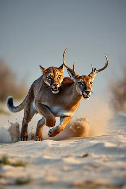 A large kentucky mountain lion chasing a male white tail deer, dynamic action, jumping, splashes of sand, nature photography, raking light, blue lights in the background --ar 16:9 --style raw --v 6.0